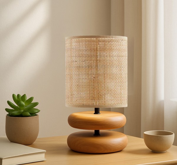 Φωτιστικό επιτραπέζιο Lucia Megapap E14 ξυλινο - pe rattan χρώμα φυσικό Ø15x35εκ.