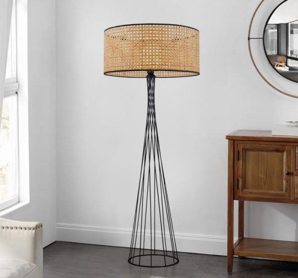 Φωτιστικό δαπέδου Solin Megapap E27 μεταλλικό - ρατάν χρώμα μαύρο - φυσικό Ø38x140εκ.