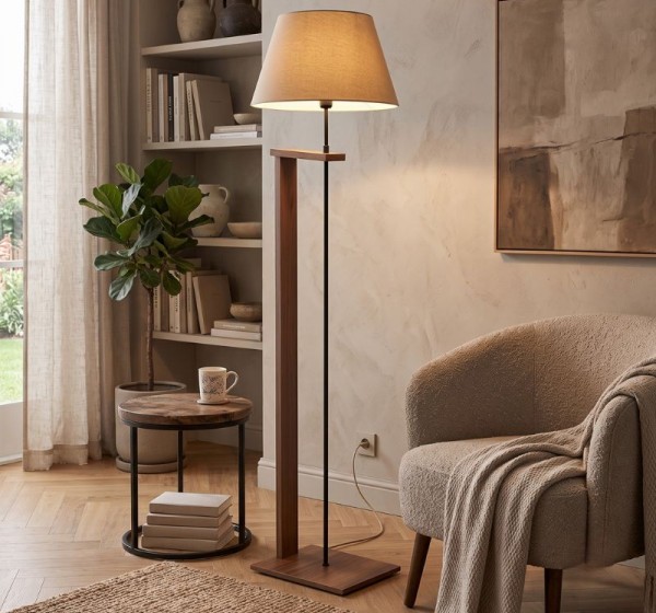 Φωτιστικό δαπέδου Moris Megapap MDF - ύφασμα PVC χρώμα καρυδί - μπεζ Φ38x150εκ.