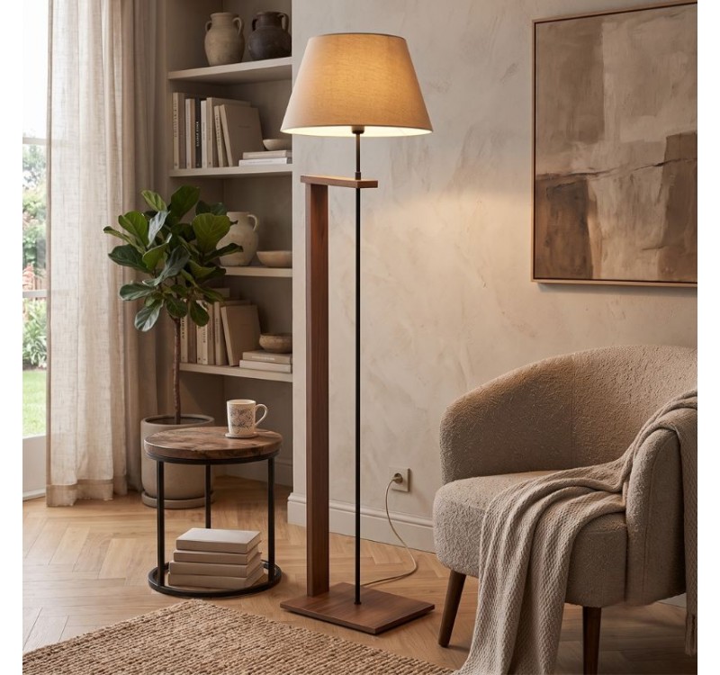 Φωτιστικό δαπέδου Moris Megapap MDF - ύφασμα PVC χρώμα καρυδί - μπεζ Φ38x150εκ.