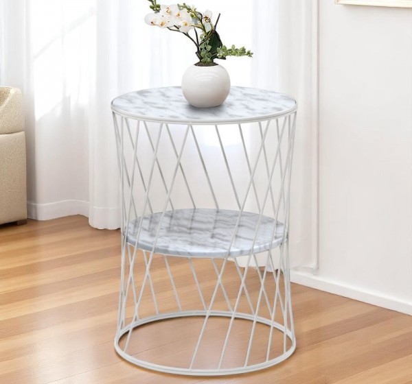 Τραπεζάκι βοηθητικό Jaspin Megapap μεταλλικό - Mdf χρώμα λευκό-λευκό εφέ μαρμάρου 32x32x44εκ.