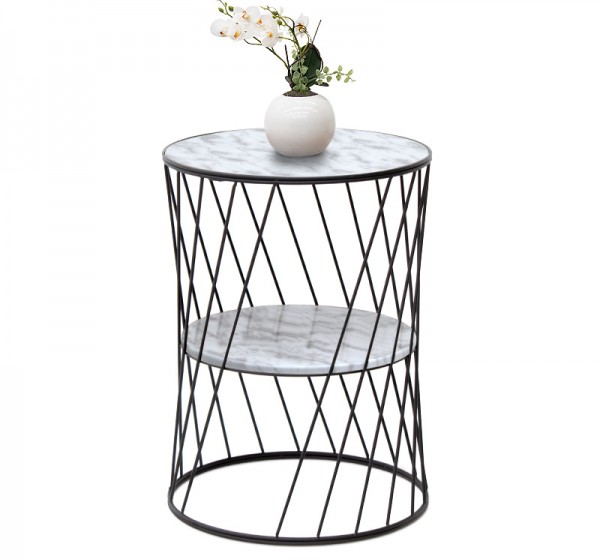 Τραπεζάκι βοηθητικό Jaspin Megapap μεταλλικό - Mdf χρώμα μαύρο-λευκό εφέ μαρμάρου 32x32x44εκ.