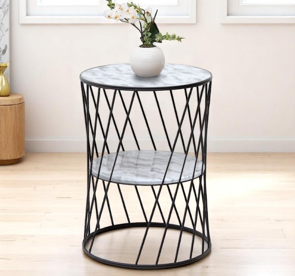 Τραπεζάκι βοηθητικό Jaspin Megapap μεταλλικό - Mdf χρώμα μαύρο-λευκό εφέ μαρμάρου 32x32x44εκ.