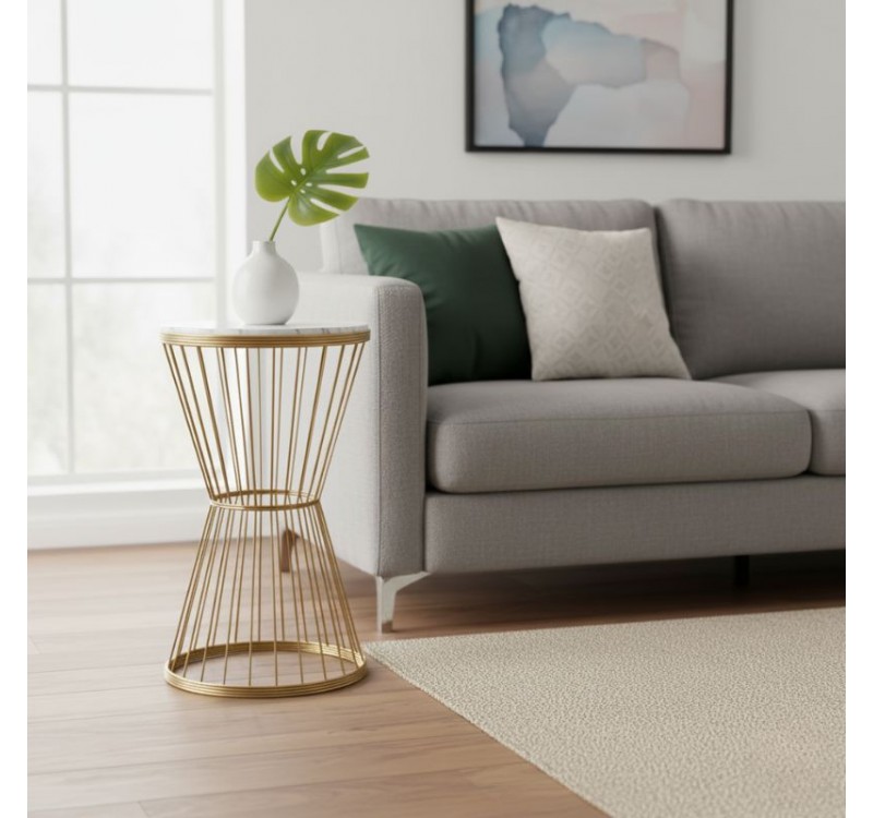 Τραπεζάκι βοηθητικό Hoffman Megapap μεταλλικό - Mdf χρώμα χρυσό - λευκό εφέ μαρμάρου 35x35x58εκ.