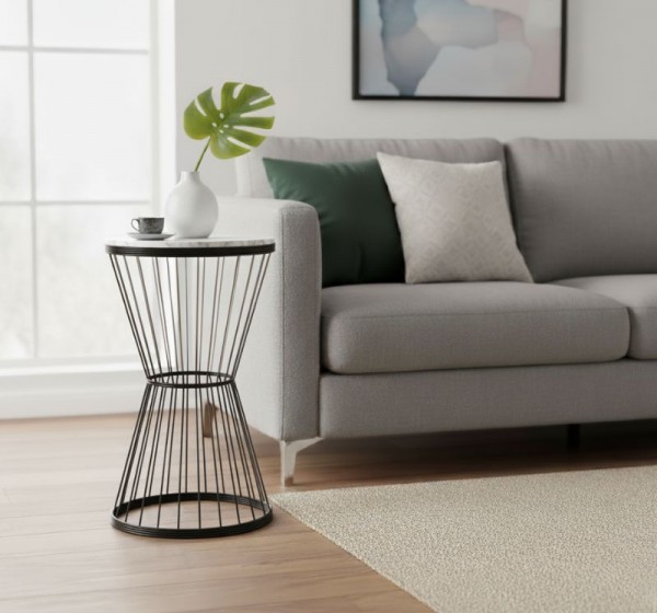 Τραπεζάκι βοηθητικό Hoffman Megapap μεταλλικό - Mdf χρώμα μαύρο - λευκό εφέ μαρμάρου 35x35x58εκ.