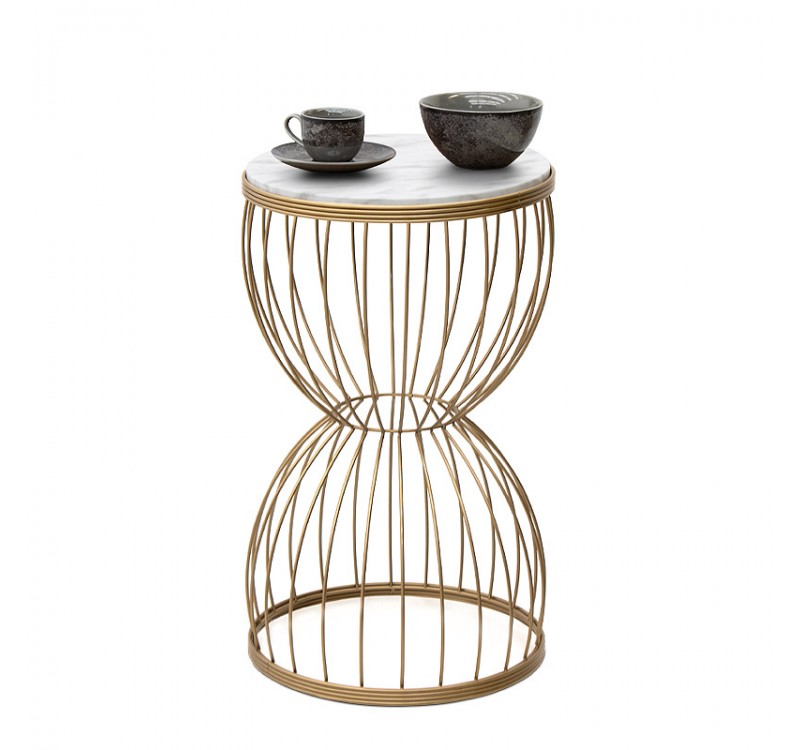 Τραπεζάκι βοηθητικό Pino Megapap μεταλλικό - Mdf χρώμα χρυσό - λευκό εφέ μαρμάρου 35x35x58εκ.