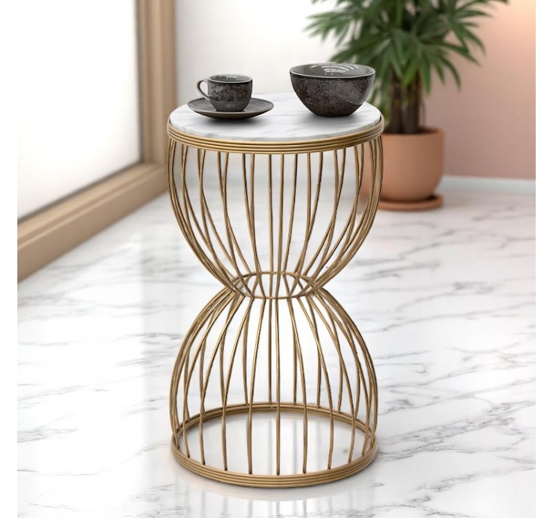 Τραπεζάκι βοηθητικό Pino Megapap μεταλλικό - Mdf χρώμα χρυσό - λευκό εφέ μαρμάρου 35x35x58εκ.