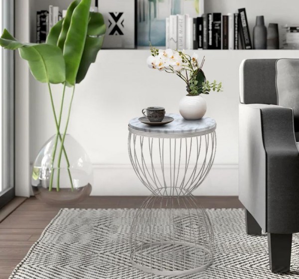 Τραπεζάκι βοηθητικό Pino Megapap μεταλλικό - Mdf χρώμα λευκό - λευκό εφέ μαρμάρου 35x35x58εκ.