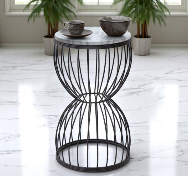 Τραπεζάκι βοηθητικό Pino Megapap μεταλλικό - Mdf χρώμα μαύρο - λευκό εφέ μαρμάρου 35x35x58εκ.