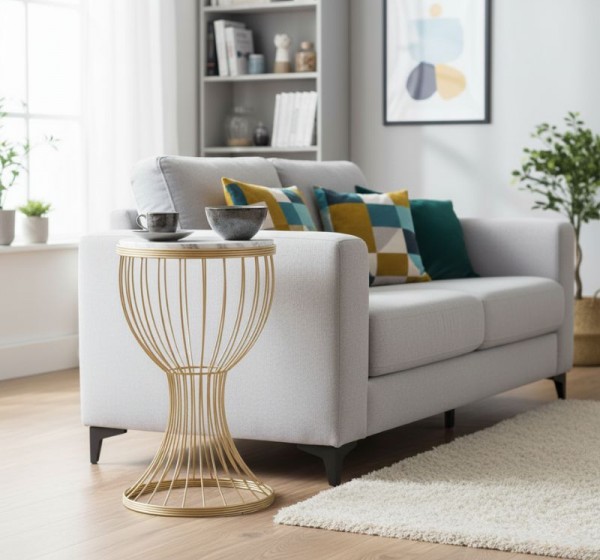 Τραπεζάκι βοηθητικό Aldora Megapap μεταλλικό - Mdf χρώμα χρυσό - λευκό εφέ μαρμάρου 35x35x58εκ.