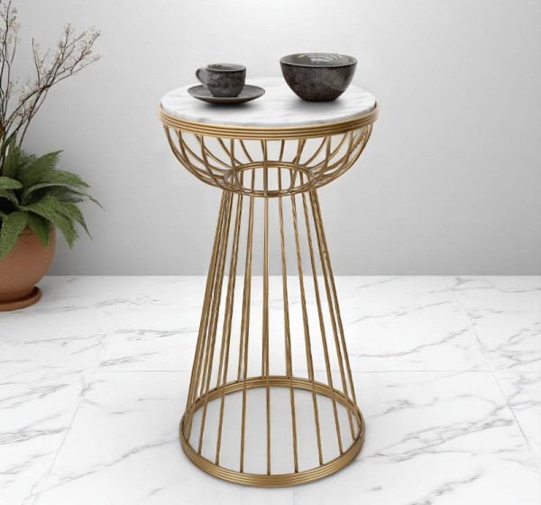 Τραπεζάκι βοηθητικό Mantare Megapap μεταλλικό - Mdf χρώμα χρυσό - λευκό εφέ μαρμάρου 35x35x58εκ.