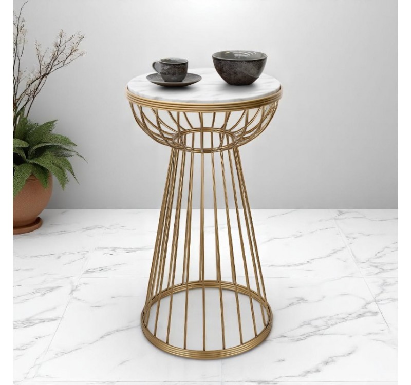 Τραπεζάκι βοηθητικό Mantare Megapap μεταλλικό - Mdf χρώμα χρυσό - λευκό εφέ μαρμάρου 35x35x58εκ.