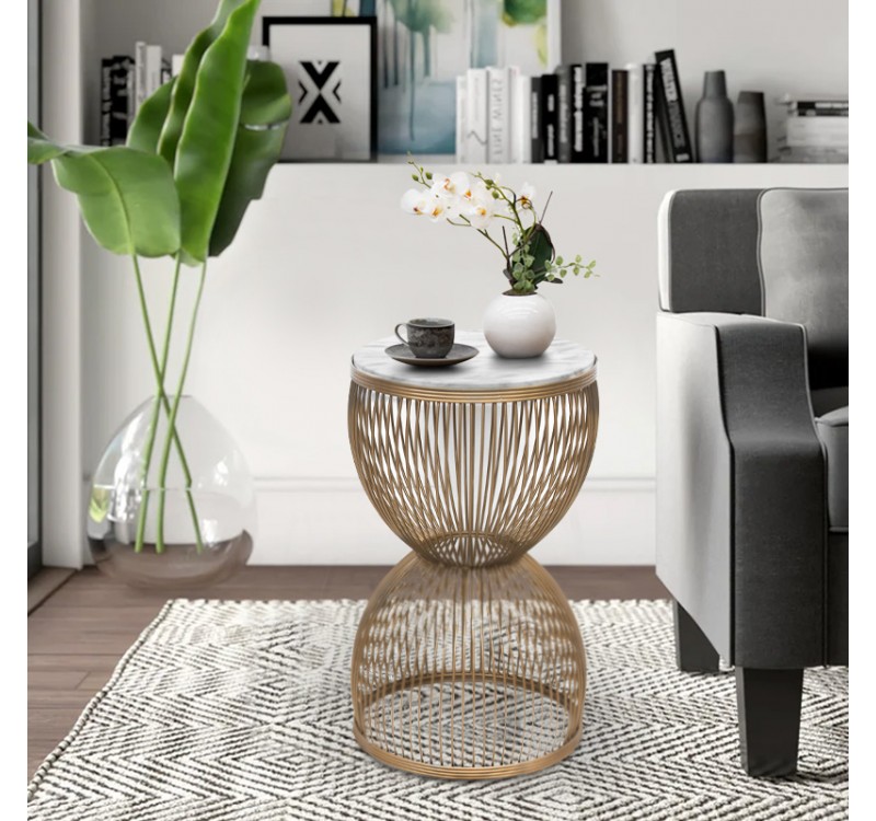 Τραπεζάκι βοηθητικό Stella Megapap μεταλλικό - Mdf χρώμα χρυσό - λευκό εφέ μαρμάρου Ø34,5x56,5εκ.