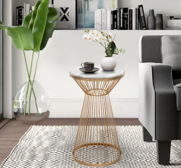 Τραπεζάκι βοηθητικό Cresta Megapap μεταλλικό - Mdf χρώμα χρυσό - λευκό εφέ μαρμάρου Ø34,5x58,5εκ.