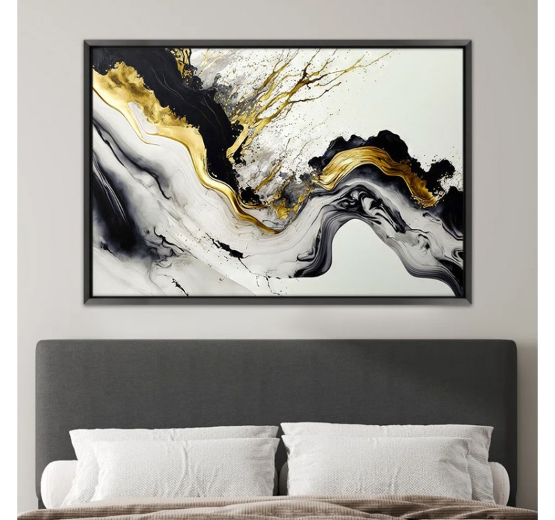 Πίνακας σε καμβά "Abstract Golden Wave" Megapap ψηφιακής εκτύπωσης με κορνίζα χρώμα μαύρο 140x100x3εκ.