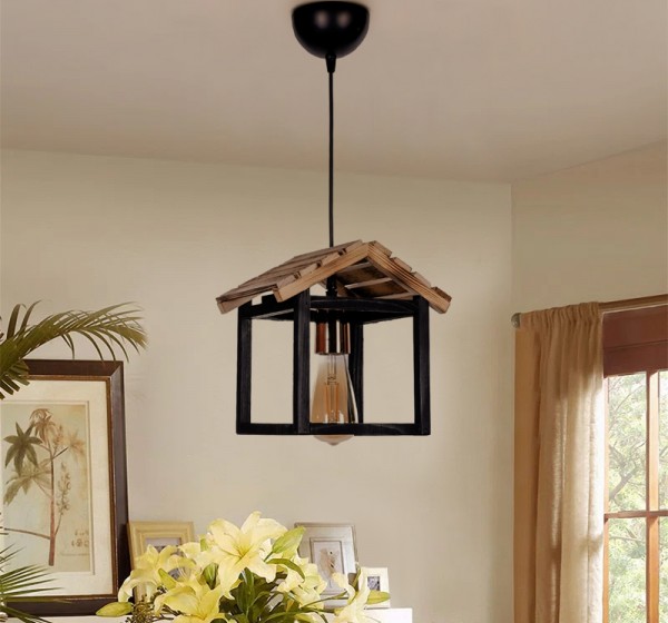 Φωτιστικό οροφής Kale Megapap E27 ξύλινο μονόφωτο χρώμα μαύρο - φυσικό 25x18x65εκ.