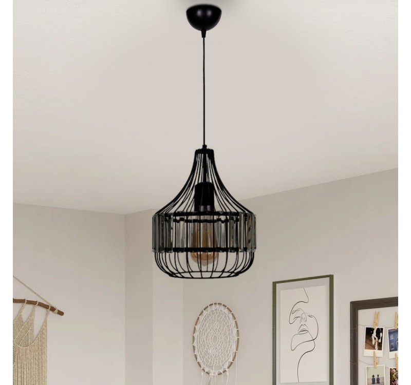 Φωτιστικό οροφής Merlin Megapap E27 μεταλλικό - γυάλινο μονόφωτο χρώμα μαύρο Ø28x80εκ.