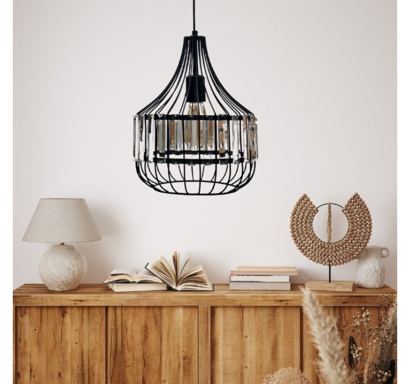 Φωτιστικό οροφής Merlin Megapap E27 μεταλλικό - γυάλινο μονόφωτο χρώμα μαύρο Ø28x80εκ.