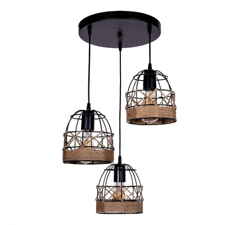 Φωτιστικό οροφής Lino Megapap E27 μεταλλικό - σχοινί τρίφωτο χρώμα μαύρο 40x40x80εκ.