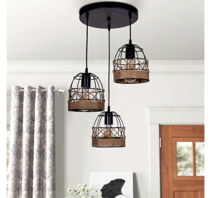 Φωτιστικό οροφής Lino Megapap E27 μεταλλικό - σχοινί τρίφωτο χρώμα μαύρο 40x40x80εκ.