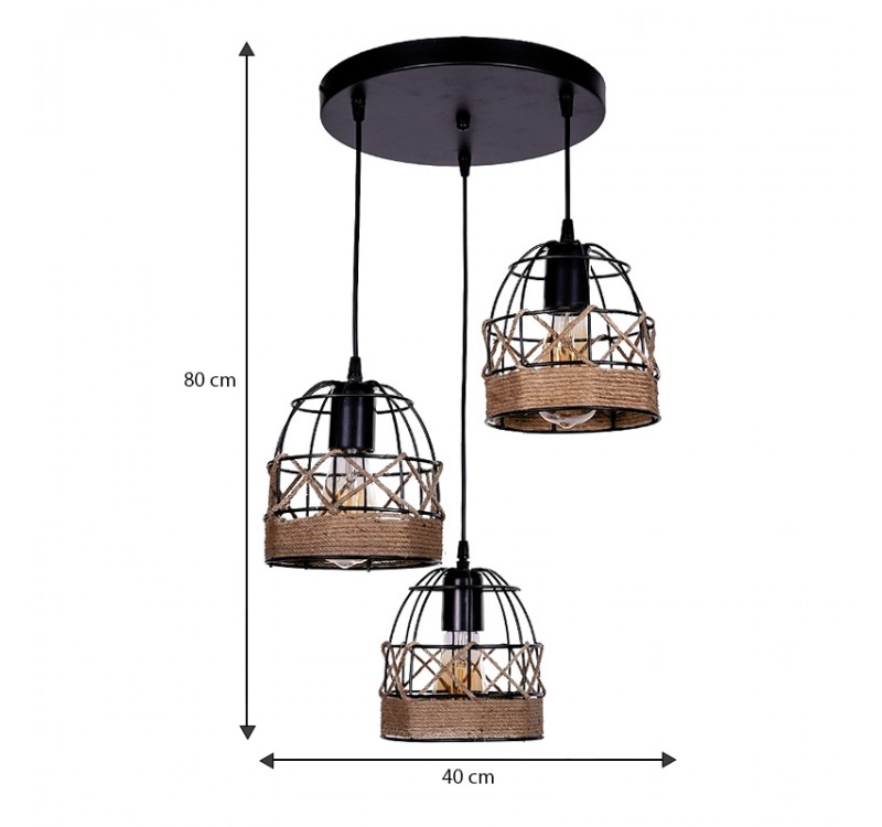 Φωτιστικό οροφής Lino Megapap E27 μεταλλικό - σχοινί τρίφωτο χρώμα μαύρο 40x40x80εκ.