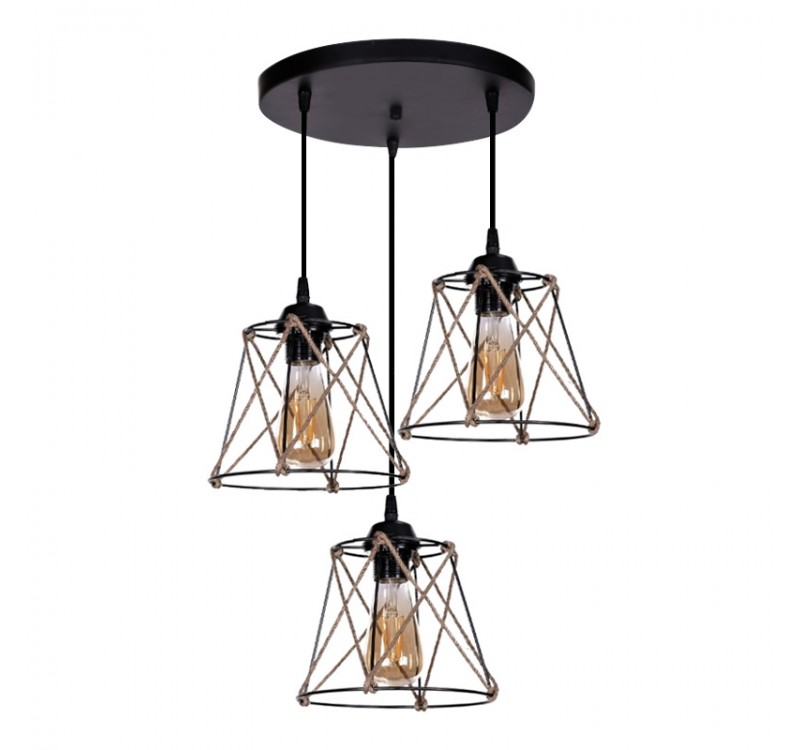 Φωτιστικό οροφής Cesa Megapap E27 μεταλλικό - σχοινί τρίφωτο χρώμα μαύρο 45x40x70εκ.