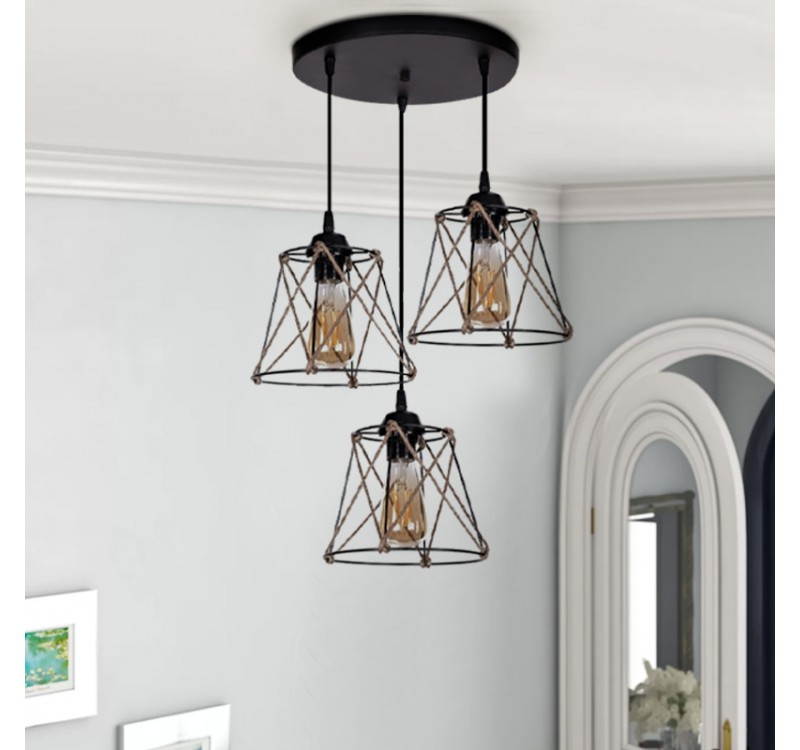 Φωτιστικό οροφής Cesa Megapap E27 μεταλλικό - σχοινί τρίφωτο χρώμα μαύρο 45x40x70εκ.