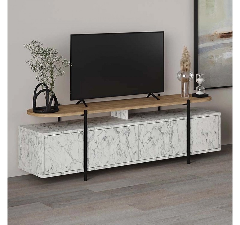 Έπιπλο τηλεόρασης Hanley Megapap χρώμα λευκό εφέ μαρμάρου 160x35,6x48εκ.