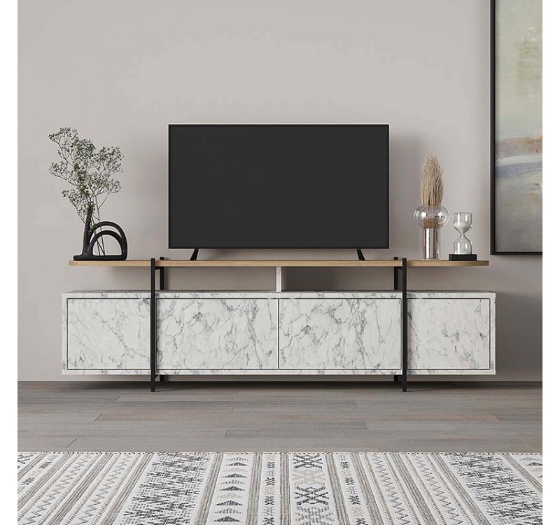 Έπιπλο τηλεόρασης Hanley Megapap χρώμα λευκό εφέ μαρμάρου 160x35,6x48εκ.