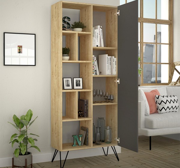 Βιβλιοθήκη Jedda Megapap χρώμα sapphire oak - ανθρακί 80,6x29,6x191εκ.