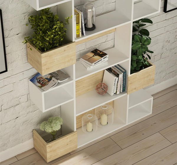 Βιβλιοθήκη Niho Megapap χρώμα λευκό - sapphire oak 120x25,3x171εκ.