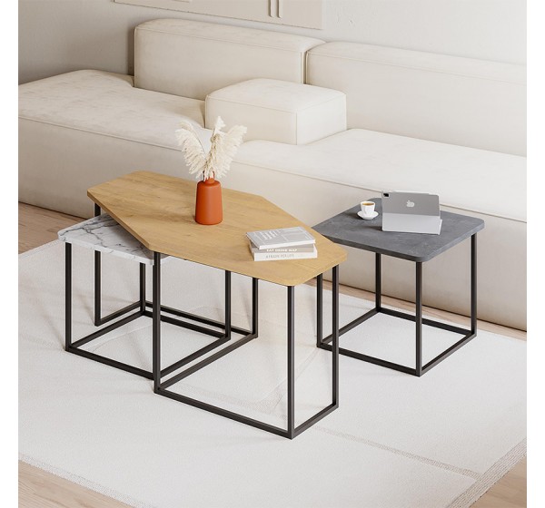 Τραπεζάκι σαλονιού σετ 3 τμχ. Nesty Megapap χρώμα saphhire oak - γκρι ρετρό - λευκό εφέ μαρμάρου 110x60x48εκ.
