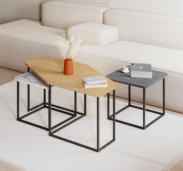 Τραπεζάκι σαλονιού σετ 3 τμχ. Nesty Megapap χρώμα saphhire oak - γκρι ρετρό - λευκό εφέ μαρμάρου 110x60x48εκ.