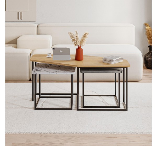 Τραπεζάκι σαλονιού σετ 3 τμχ. Nesty Megapap χρώμα saphhire oak - γκρι ρετρό - λευκό εφέ μαρμάρου 110x60x48εκ.