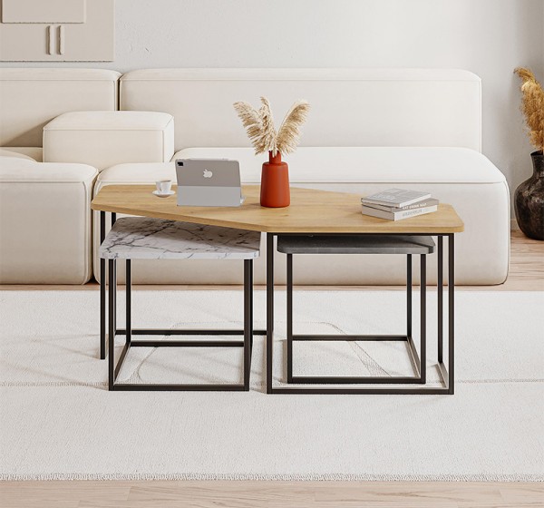 Τραπεζάκι σαλονιού σετ 3 τμχ. Nesty Megapap χρώμα saphhire oak - γκρι ρετρό - λευκό εφέ μαρμάρου 110x60x48εκ.