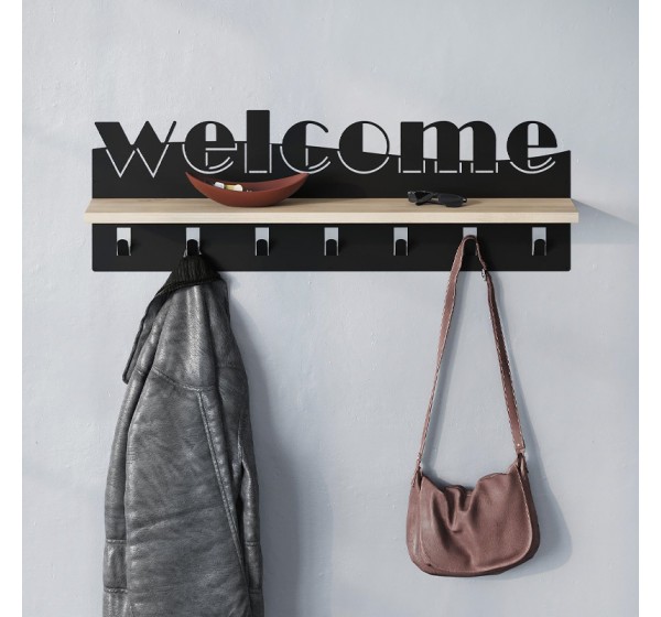 Κρεμάστρα τοίχου Welcome Megapap χρώμα μαύρο - sapphire oak 86x15,2x29εκ.