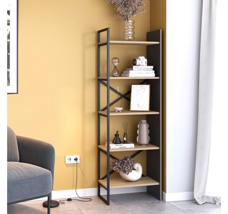 Βιβλιοθήκη Detroit Megapap χρώμα sapphire oak - silky black 58x35,2x175εκ.