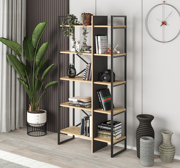 Βιβλιοθήκη Detroit Megapap χρώμα sapphire oak - silky black 87,5x35,2x175εκ.