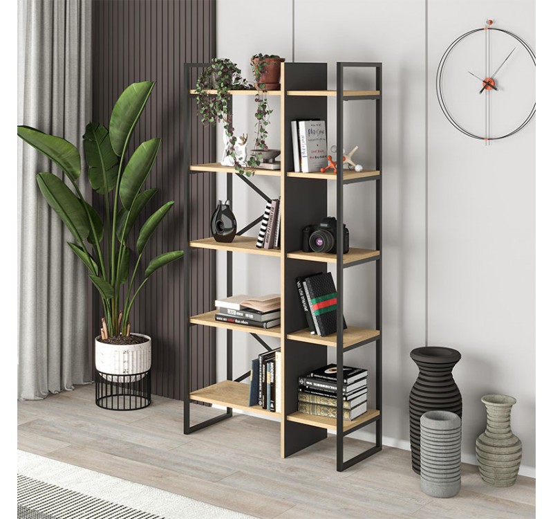 Βιβλιοθήκη Detroit Megapap χρώμα sapphire oak - silky black 87,5x35,2x175εκ.