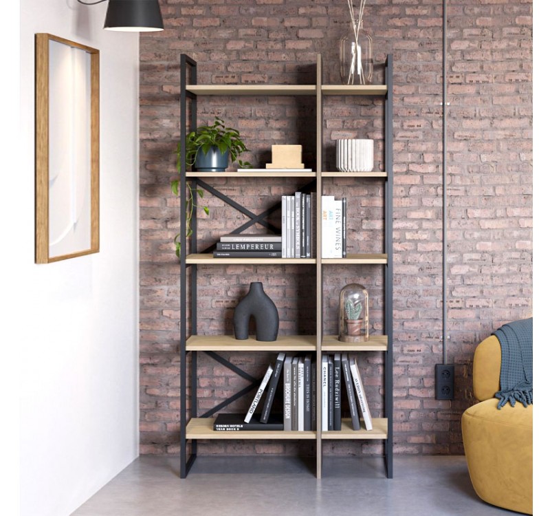 Βιβλιοθήκη Detroit Megapap χρώμα sapphire oak - silky black 87,5x35,2x175εκ.