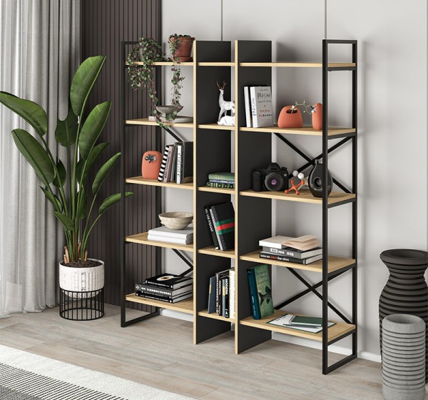 Βιβλιοθήκη Detroit Megapap χρώμα sapphire oak - silky black 143,5x35,2x175εκ.