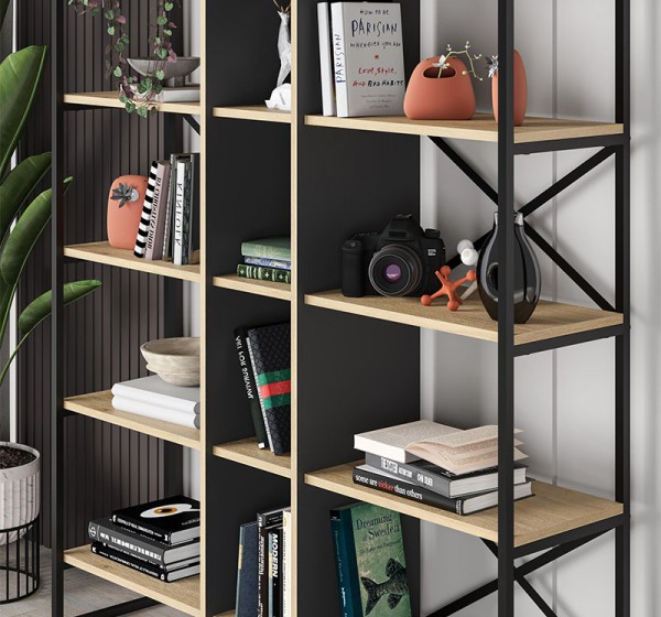 Βιβλιοθήκη Detroit Megapap χρώμα sapphire oak - silky black 143,5x35,2x175εκ.