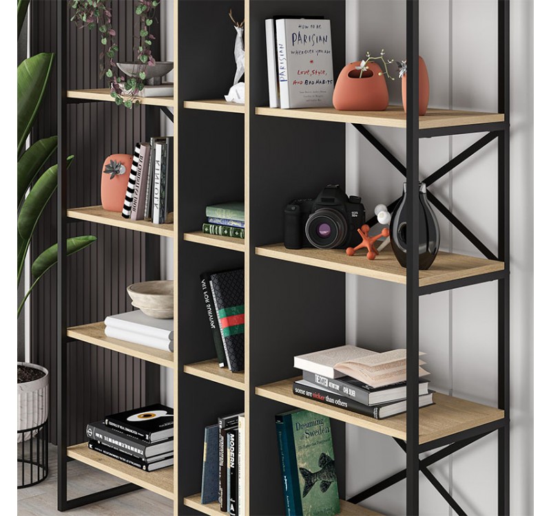 Βιβλιοθήκη Detroit Megapap χρώμα sapphire oak - silky black 143,5x35,2x175εκ.