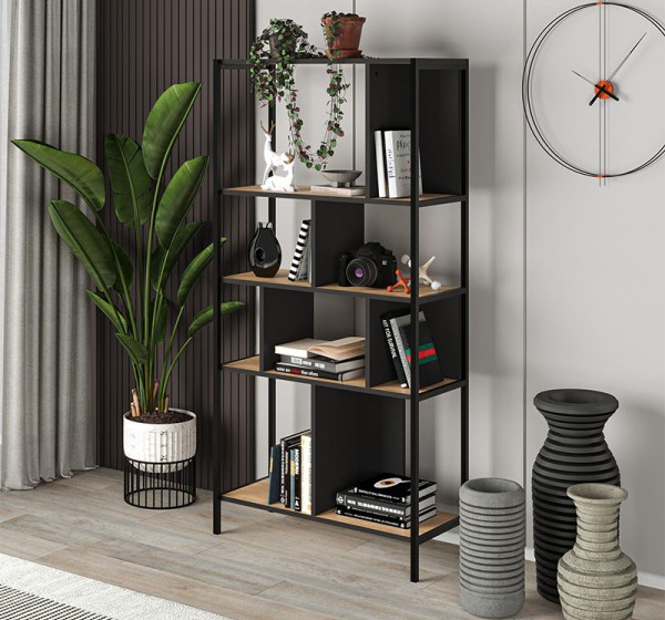 Βιβλιοθήκη Midi Megapap χρώμα sapphire oak - silky black 88x35x175εκ.
