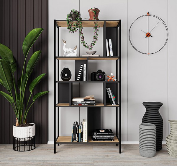 Βιβλιοθήκη Midi Megapap χρώμα sapphire oak - silky black 88x35x175εκ.