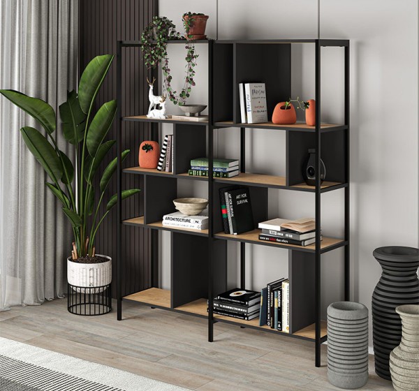 Βιβλιοθήκη Maxi Megapap χρώμα sapphire oak - silky black 144x35x175εκ.