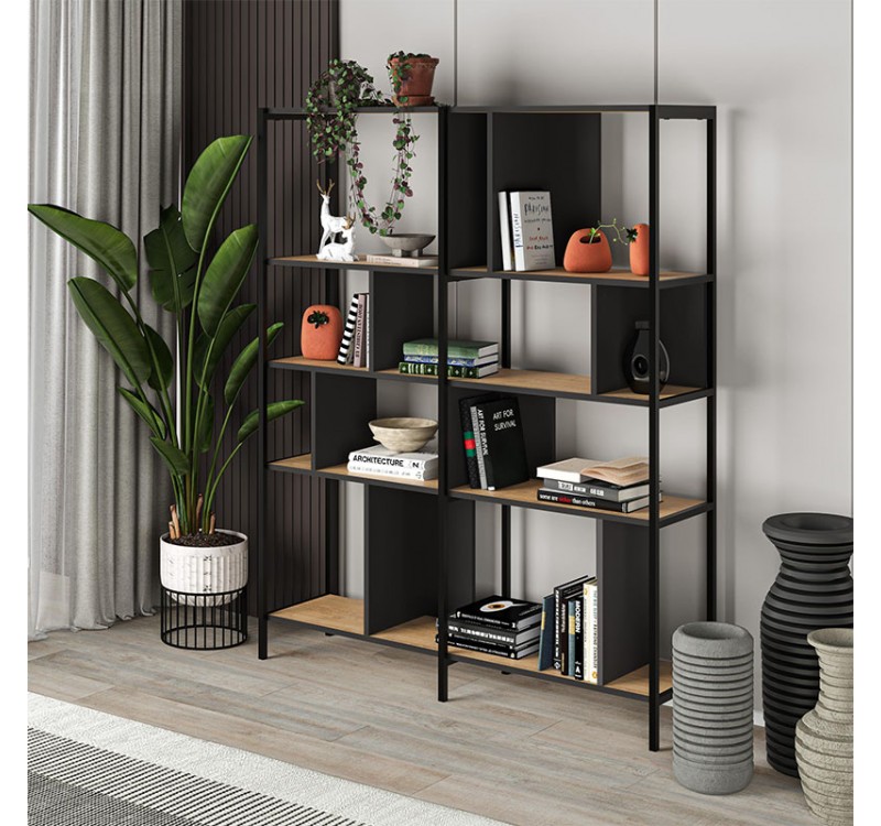 Βιβλιοθήκη Maxi Megapap χρώμα sapphire oak - silky black 144x35x175εκ.