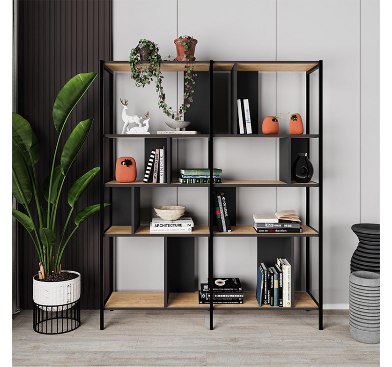 Βιβλιοθήκη Maxi Megapap χρώμα sapphire oak - silky black 144x35x175εκ.