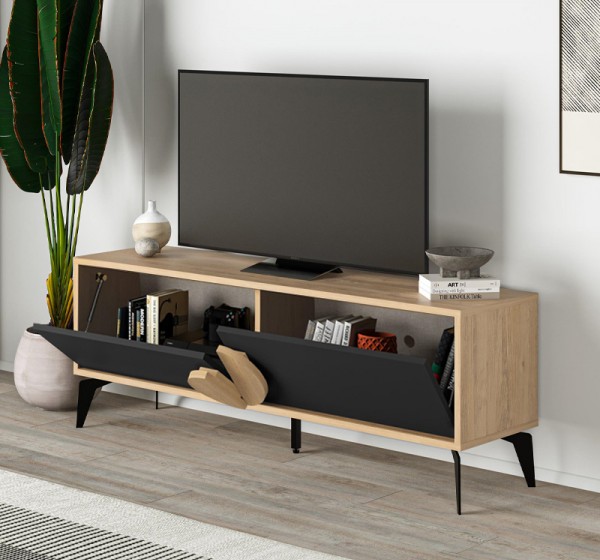 Έπιπλο τηλεόρασης Gora Megapap χρώμα sapphire oak - silky black 140x35,6x51εκ.