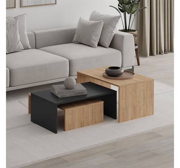 Τραπεζάκι σαλονιού σετ 3 τμχ. Kanta Megapap χρώμα sapphire oak - silky black 80x50x40,5εκ.